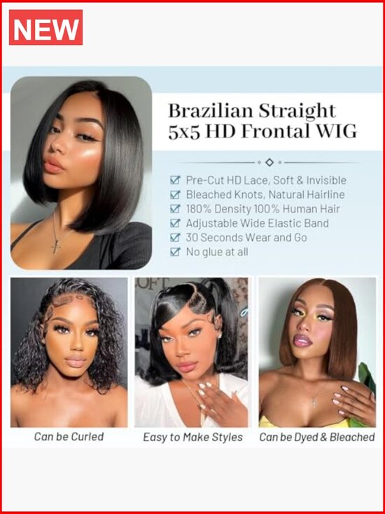 Wear and Go Glueless Bob Wig Human Hair Pre Plucked 180% Density 5x5 HD Lace main image 5